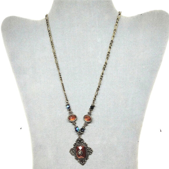 You and I Pendant Necklace Amber Color Stones Dark AB Beads Gold Tone - Picture 1 of 6